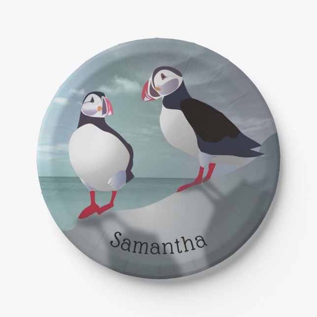 Two Puffins Design Paper Plate (Front)