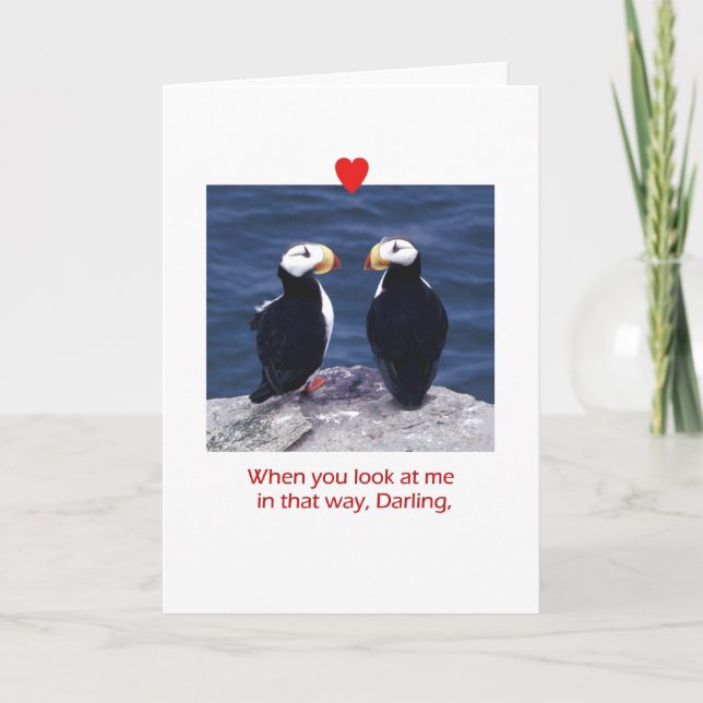 Two Puffins in Love with a Heart Holiday Card (Front)