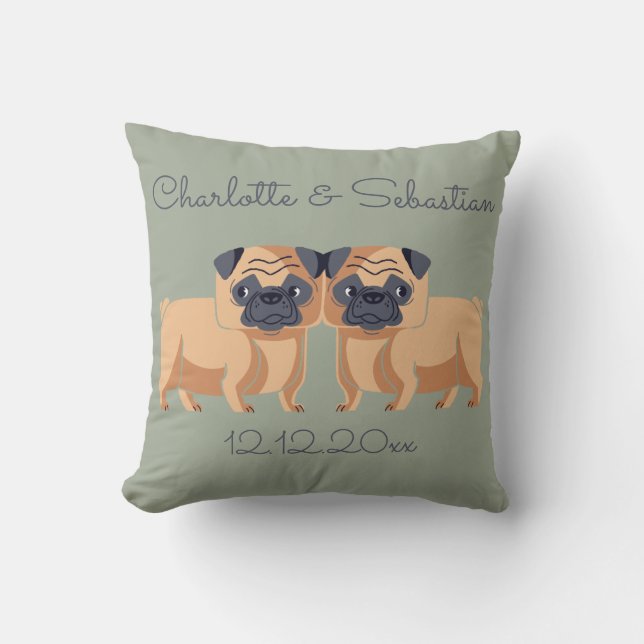 Two Pug Dogs Personalized Wedding Throw Pillow (Front)