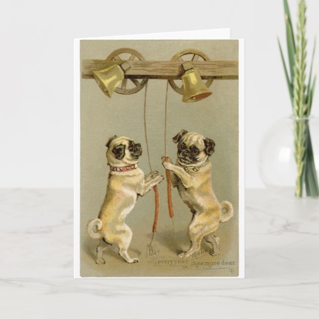 Two pug dogs ringing the Christmas bells Holiday Card (Front)