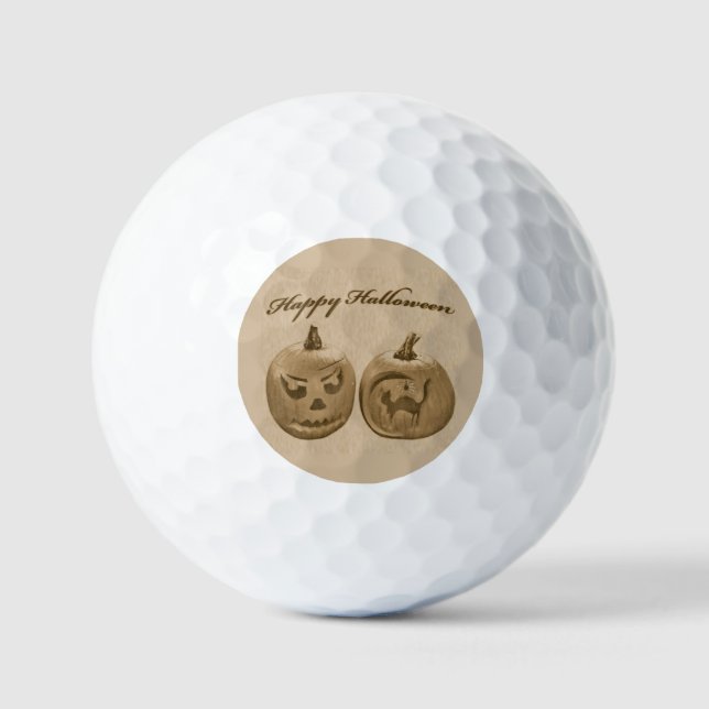 Two Pumpkins Happy Halloween Golf Balls (Front)