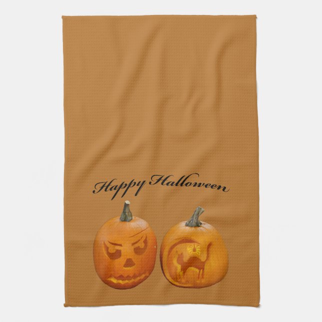 Two Pumpkins Happy Halloween Kitchen Towel (Vertical)