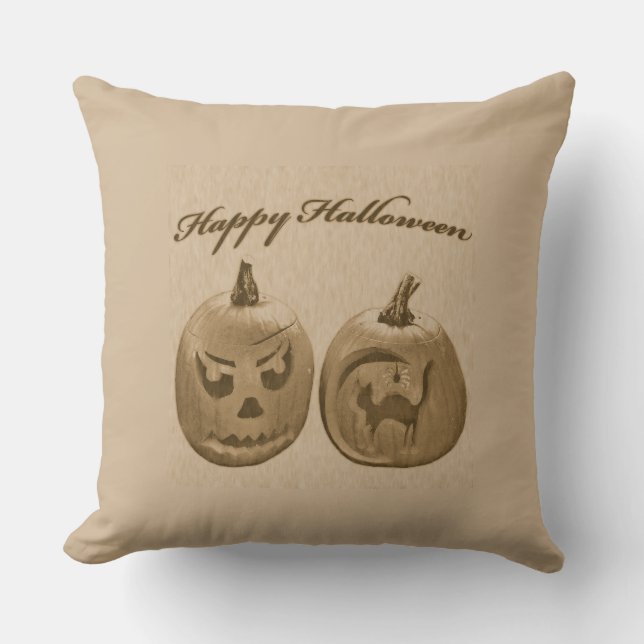 Two Pumpkins Happy Halloween Throw Pillow (Front)