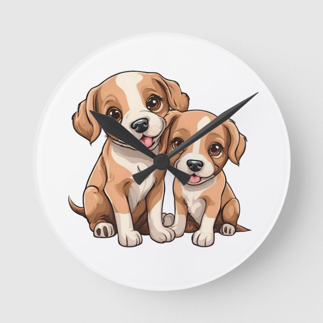 TWO PUPPIES Round Clock (Front)