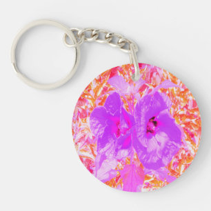 Two Purple and Hot Pink Plum Crazy Hibiscus Keychain