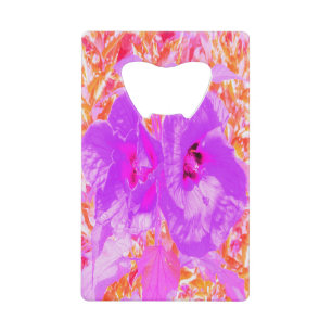 Two Purple and Hot Pink Plum Crazy Hibiscus on Red Credit Card Bottle Opener