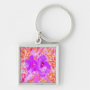 Two Purple and Hot Pink Plum Crazy Hibiscus on Red Keychain