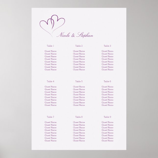 Two Purple Hearts Intertwined Seating Plan Poster (Front)