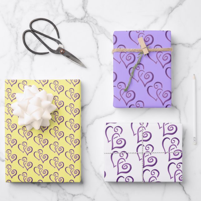 Two Purple Linked Hearts Pattern Wrapping Paper Sheet (Front)