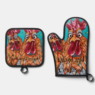 Two Quirky Roosters  Oven Mitt & Pot Holder Set