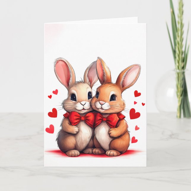 Two rabbits cuddle for Valentines Day romance Card (Front)