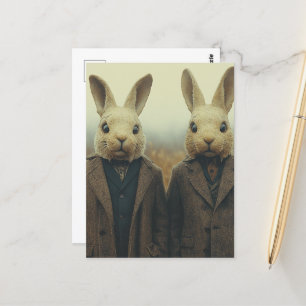 Two Rabbits in Suits in a Foggy Field Postcard