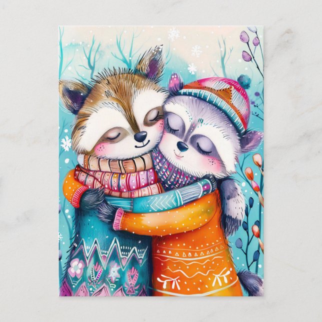 Two Raccoons Hugging in Winter Postcard (Front)