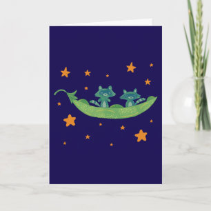Two Raccoons in a Pea Pod Whimsical Folk Art Card