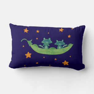 Two Raccoons in a Pea Pod   Whimsical Folk Art Lumbar Pillow