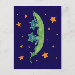 Two Raccoons in a Pea Pod Whimsical Folk Art Postcard