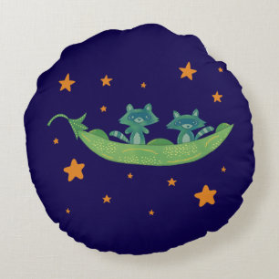 Two Raccoons in a Pea Pod   Whimsical Folk Art Round Pillow