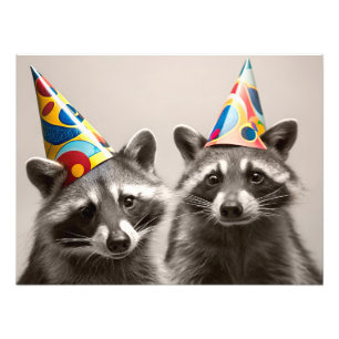 Two Raccoons Wearing Party Hats Photo Print