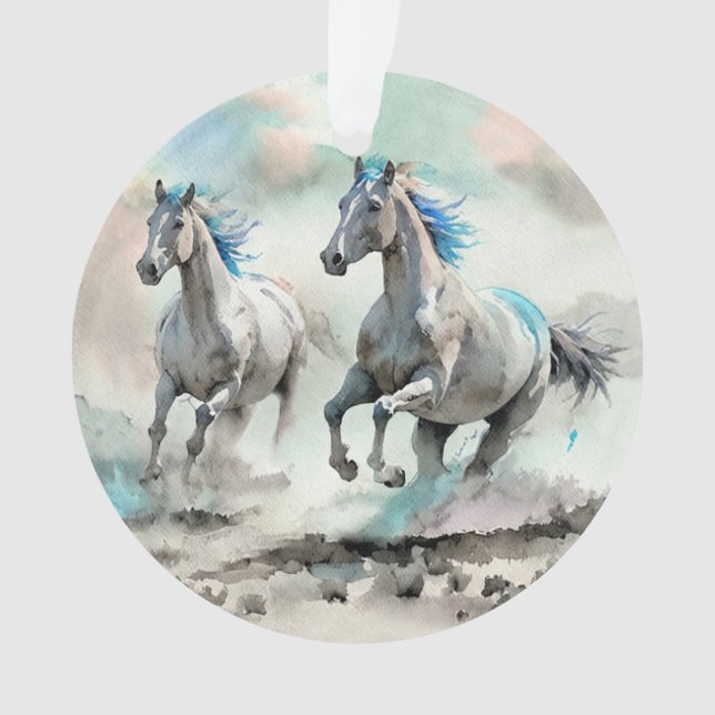 Two Racing Wild Horses Watercolour Ornament (Front)
