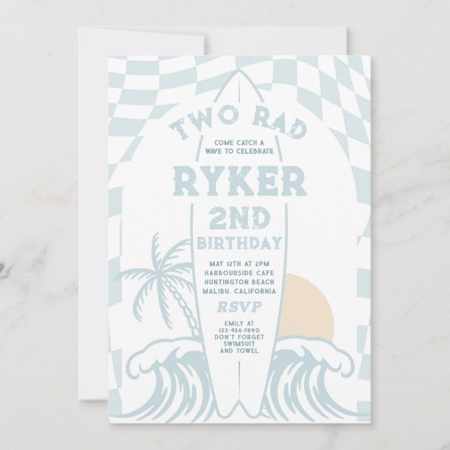 Two Rad Modern Surf Surfboard 2nd Birthday Party Invitation (Front)