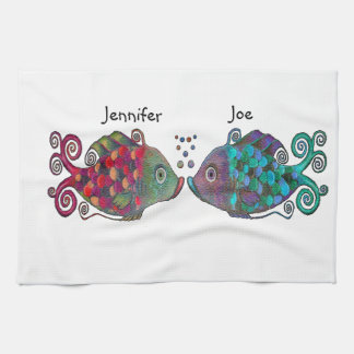 Two Rainbow Whimsical Fish Pair Couple Very Unique Kitchen Towel