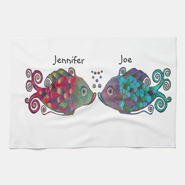 Two Rainbow Whimsical Fish Pair Couple Very Unique Kitchen Towel (Horizontal)
