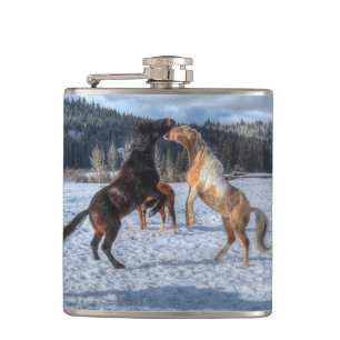 Two Ranch Horses Playfighting in Winter Snow IV Hip Flask