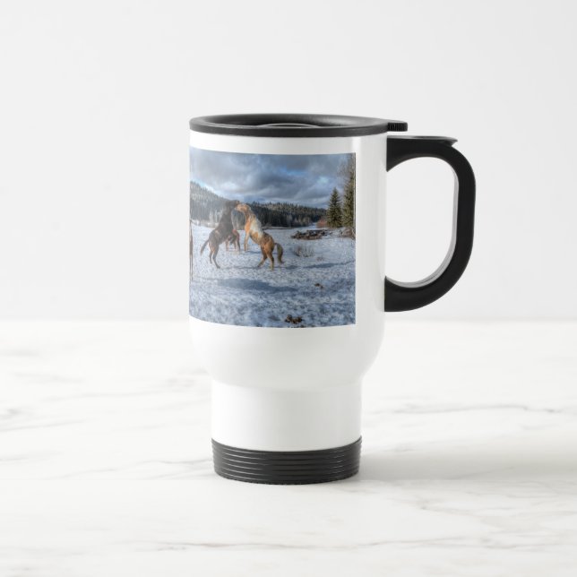 Two Ranch Horses Playfighting in Winter Snow IV Travel Mug (Right)