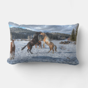 Two Ranch Horses Playfighting in Winter Snow Lumbar Pillow