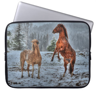 Two Ranch Horses Playing in Snow Equine Photo Laptop Sleeve