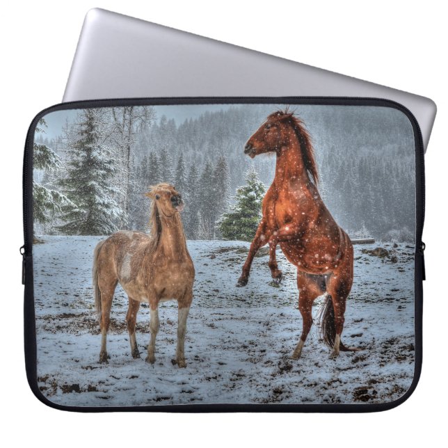 Two Ranch Horses Playing in Snow Equine Photo Laptop Sleeve (Front)