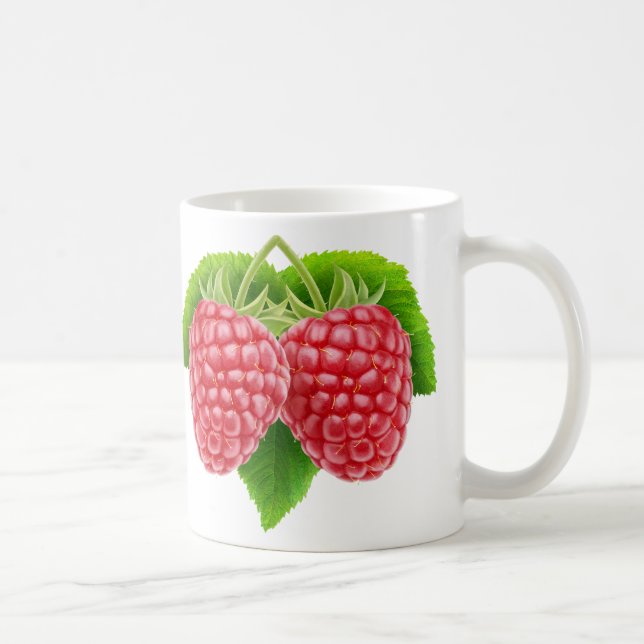 Two raspberries on leaf coffee mug (Right)