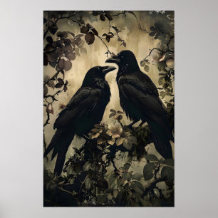 Two ravens in moody floral forest printable, crow poster