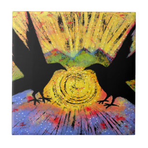 Two Ravens Sit and Reflect on the Sun Ceramic Tile