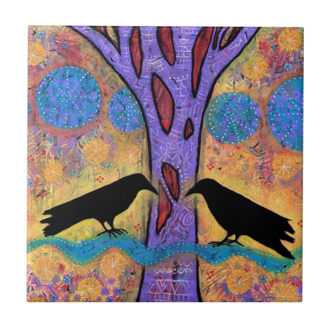 Two Ravens Sit & Reflect on Life Ceramic Tile (Front)