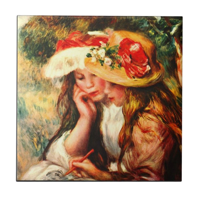 Two reading girls in a garden by Pierre Renoir Tile (Front)