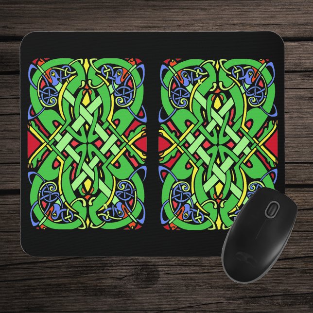 Two Rectangular Irish Celtic Knot Designs on Black Mouse Pad (Fancy Irish Celtic knot design in greens, blue and red on black mousepad.)