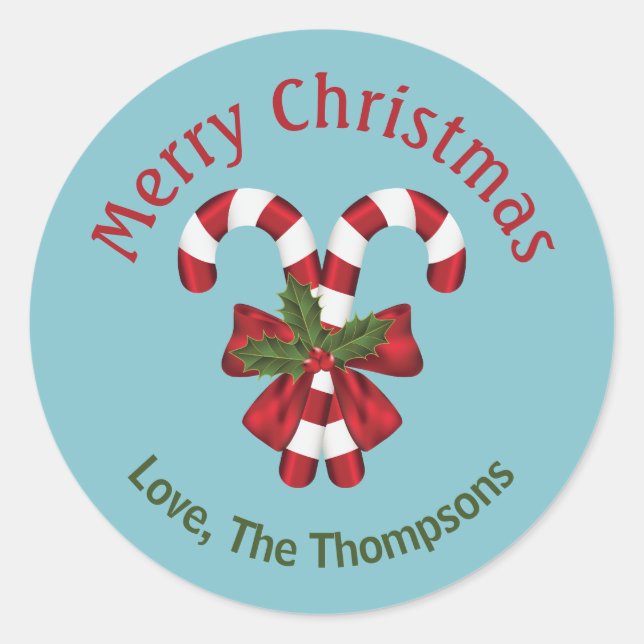 Two Red And White Candy Canes On Blue With Text Classic Round Sticker (Front)