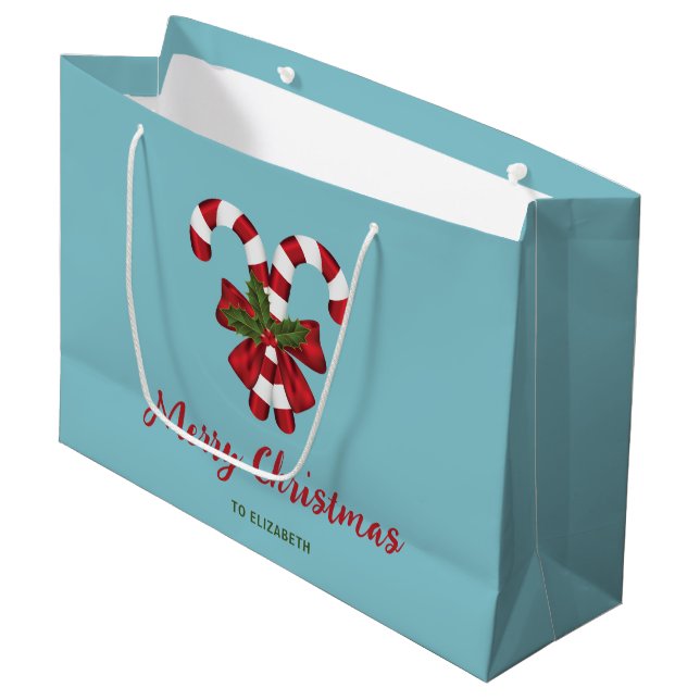 Two Red And White Candy Canes On Blue With Text Large Gift Bag (Front Angled)