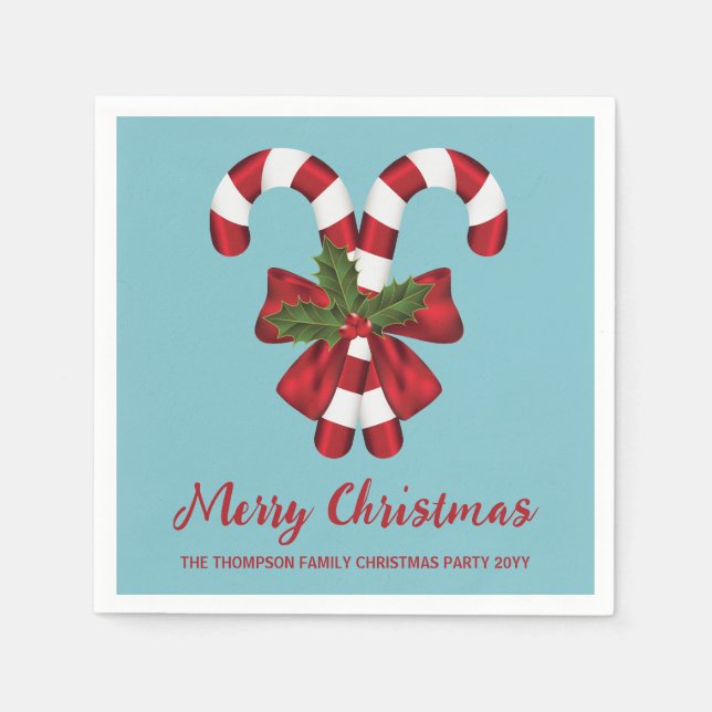 Two Red And White Candy Canes On Blue With Text Napkin (Front)
