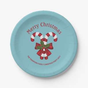 Two Red And White Candy Canes On Blue With Text Paper Plate
