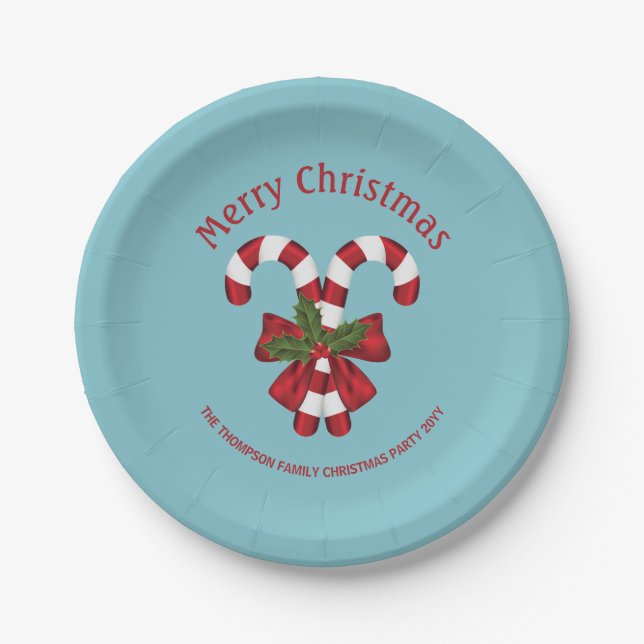 Two Red And White Candy Canes On Blue With Text Paper Plate (Front)