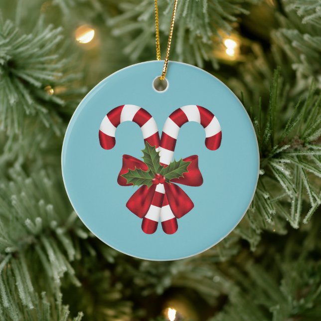 Two Red And White Festive Candy Canes On Blue Ceramic Ornament (Tree)