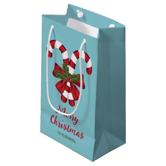 Two Red And White Festive Candy Canes With Text Small Gift Bag (Front Angled)