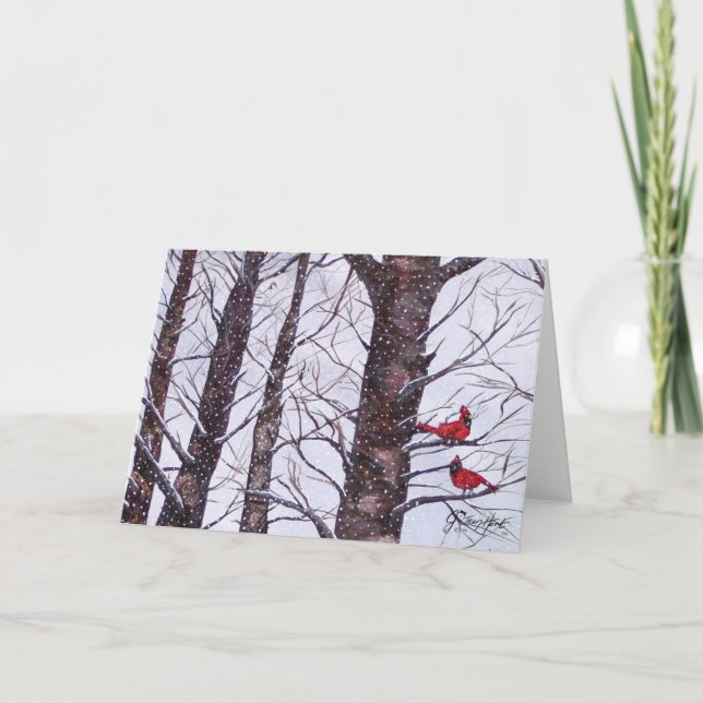 Two Red Birds In Winter Holiday Card (Front)