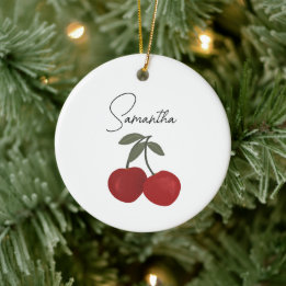 Two Red Cherries Illustration | Cute Fruit Art Ceramic Ornament