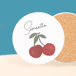 Two Red Cherries Illustration | Cute Fruit Art Coaster