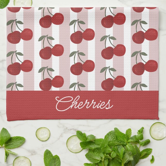 Two Red Cherries Illustration | Cute Fruit Art  Kitchen Towel (Folded)