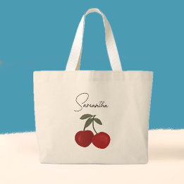 Two Red Cherries Illustration | Cute Fruit Art Large Tote Bag