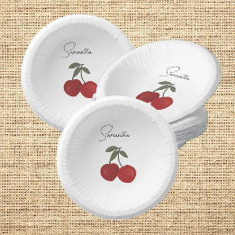 Two Red Cherries Illustration | Cute Fruit Art Paper Plate